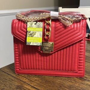 Badgley Mischka Coral-Red Quilted Vegan Leather Shoulder Bag with Gold Chain